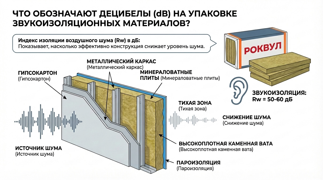Что показывают децибелы, которые указаны на упаковочной пленке звукоизоляционных материалов РОКВУЛ?_2