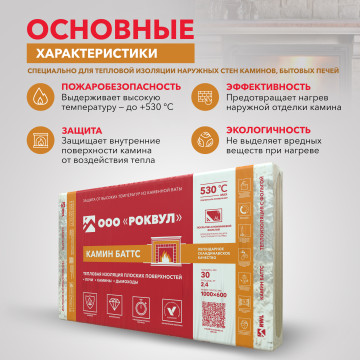 Утеплитель РОКВУЛ КАМИН БАТТС 1000x600x30 ГП-223361