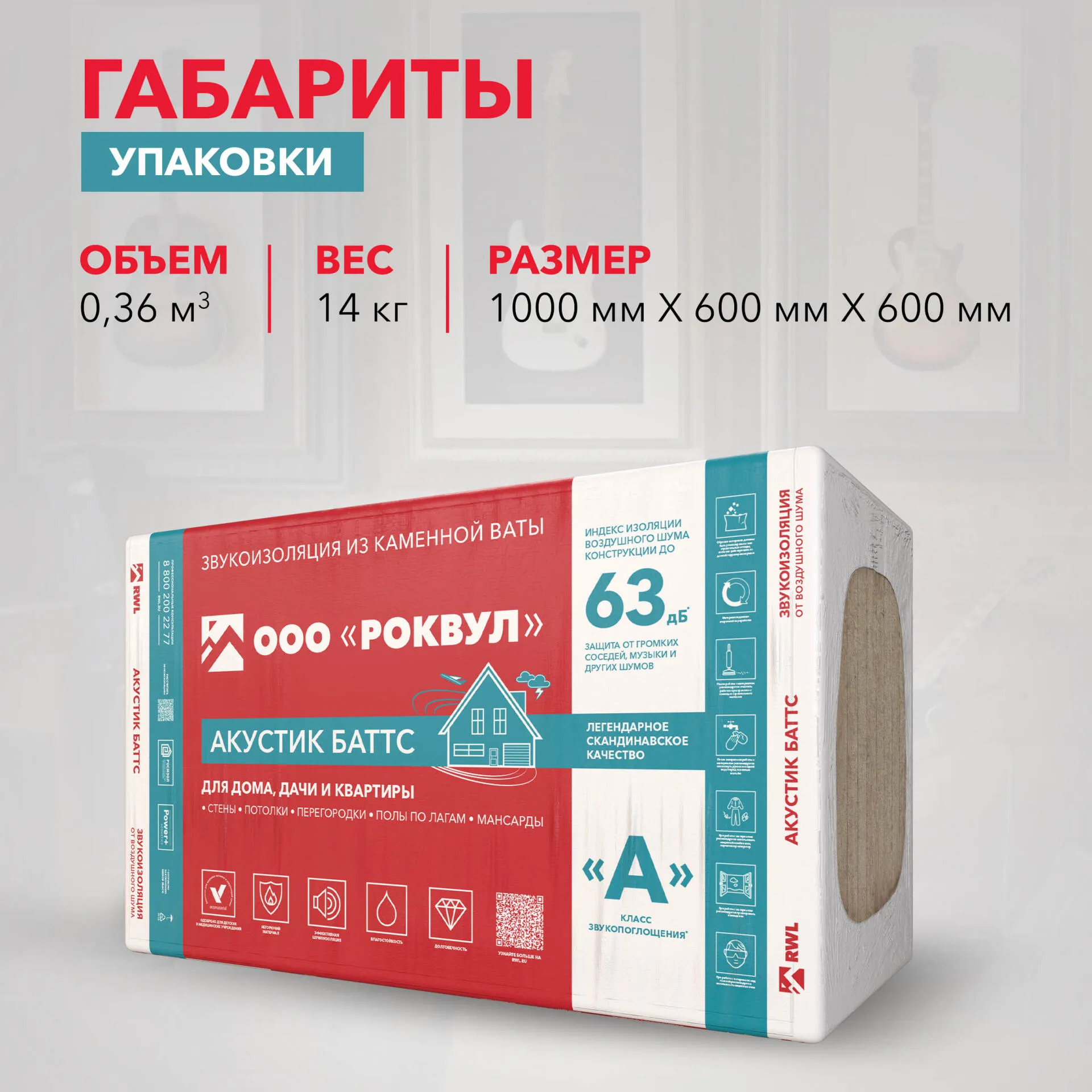 Шумоизоляция РОКВУЛ АКУСТИК БАТТС 1000x600x75_7