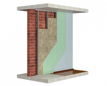 Облицовка стен на относе с металлическим каркасом из стеновых профилей с заполнением из звукопоглощающих плит, обшитым двумя слоями гипсовых плит