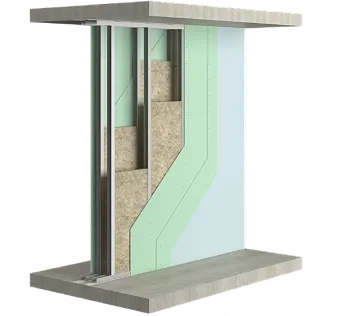 Перегородка на двойном разнесенном металлическом каркасе, обшитая двумя слоями гипсовых плит с обеих сторон