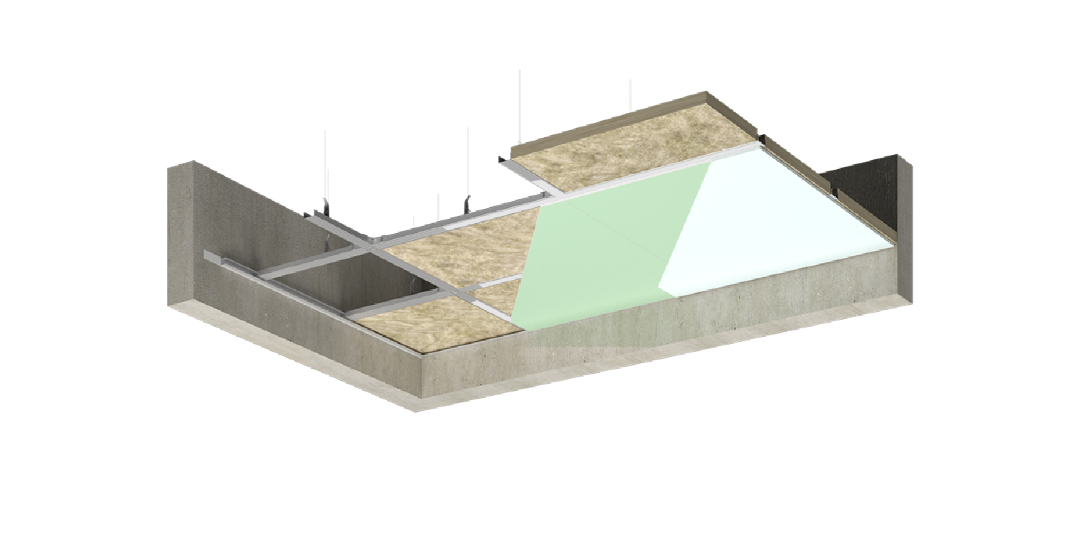 Подвесной потолок по металлическому каркасу с относом от плиты перекрытия с заполнением из звукопоглощающих плит с двумя слоями обшивки