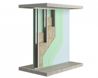 Перегородка на двойном разнесенном металлическом каркасе, обшитая двумя слоями гипсовых плит с обеих сторон