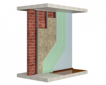 Облицовка стен на относе с металлическим каркасом из стеновых профилей с заполнением из звукопоглощающих плит, обшитым двумя слоями гипсовых плит