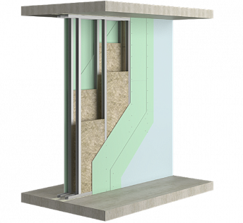 Перегородка на двойном разнесенном металлическом каркасе, обшитая двумя слоями гипсовых плит с обеих сторон